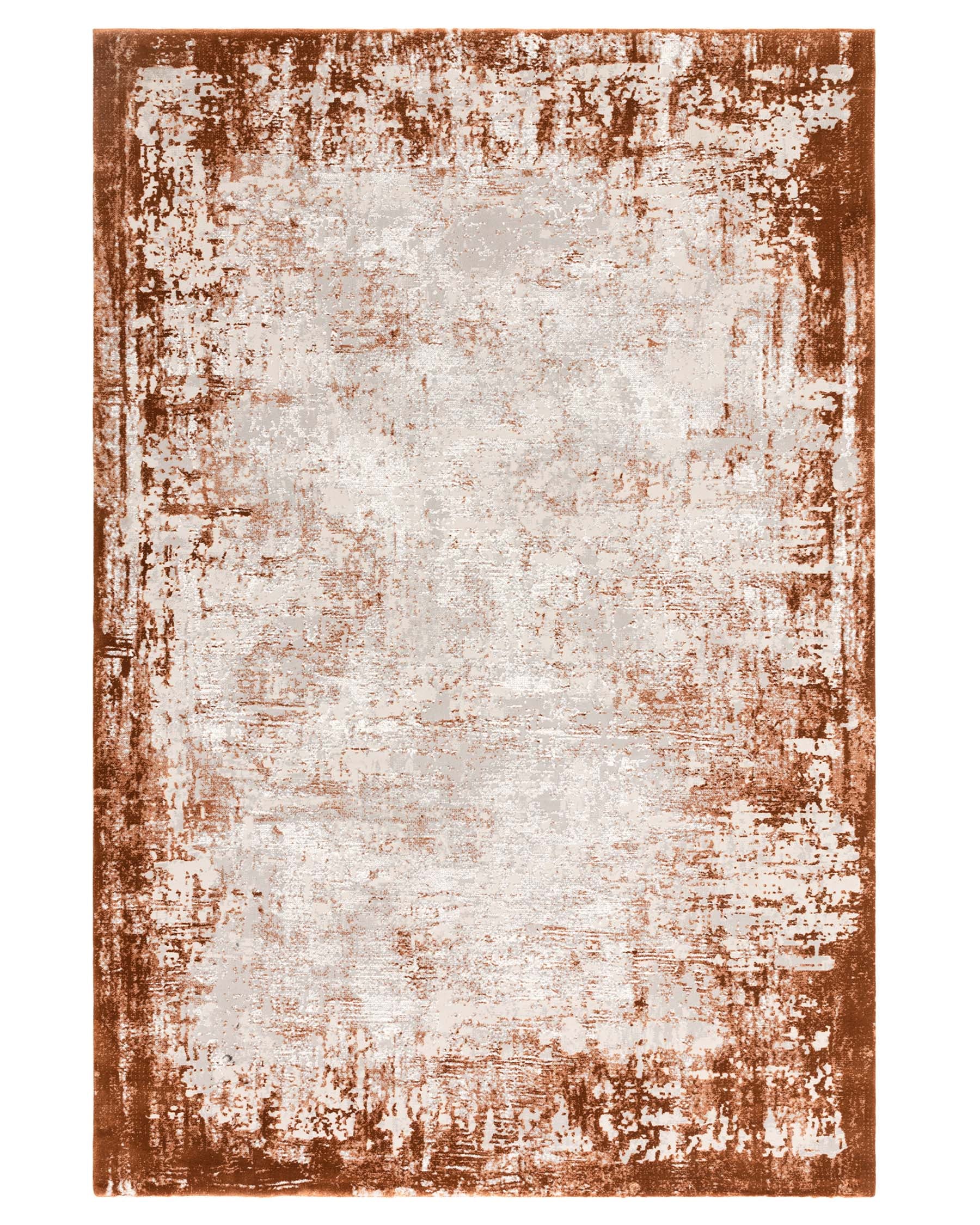 A vintage-style area rug with a distressed design featuring a gradient of brown to beige colours.