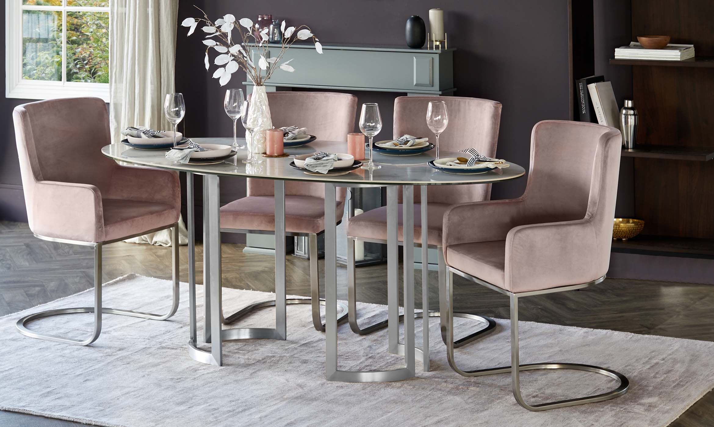 Form Blush Pink Velvet And Brushed Steel Dining Chair (Sold in pairs)