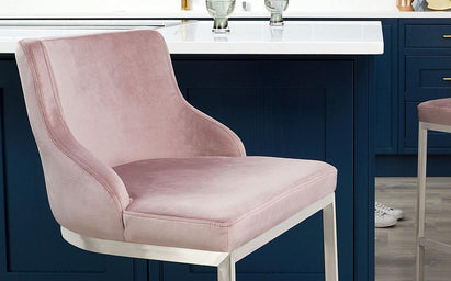 Form Blush Pink Velvet & Brushed Steel Bar Stool With Backrest (Sold in pairs)