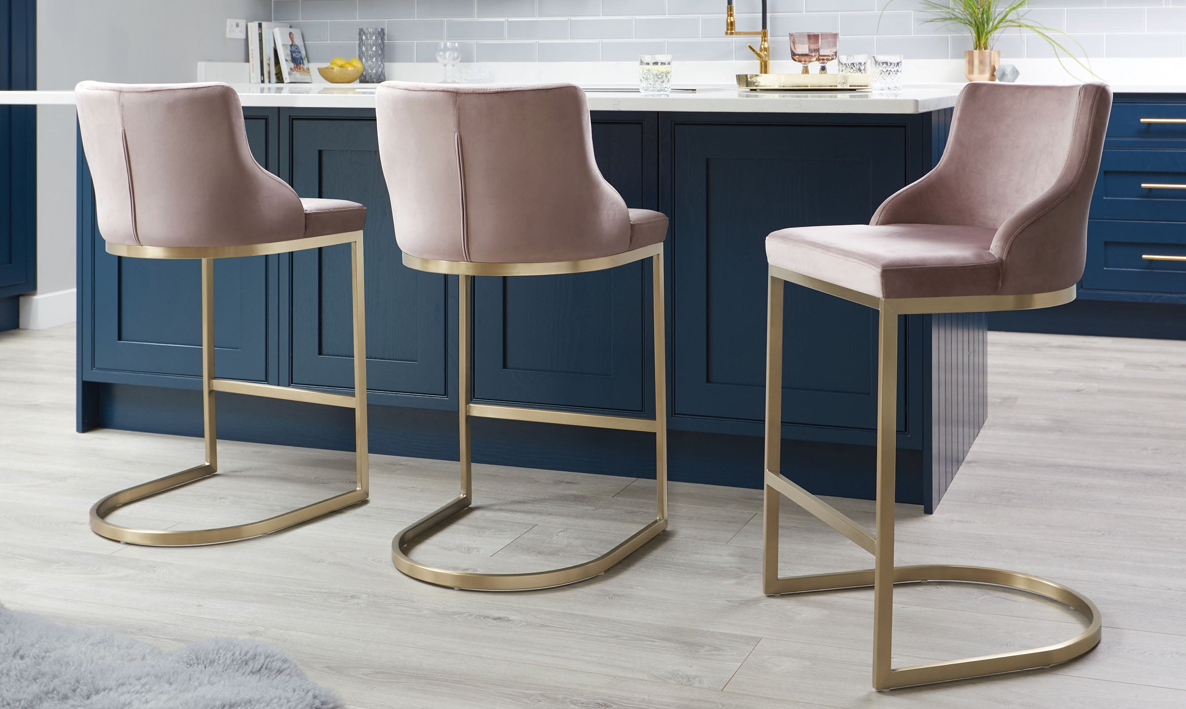 Form Blush Pink Velvet & Brass Bar Stool With Backrest (Sold in pairs)