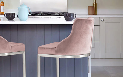 Form Blush Pink Velvet & Brushed Steel Bar Stool With Backrest (Sold in pairs)