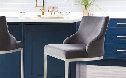 Form Dark Grey Velvet And Brushed Steel Bar Stool With Backrest (Sold in pairs)