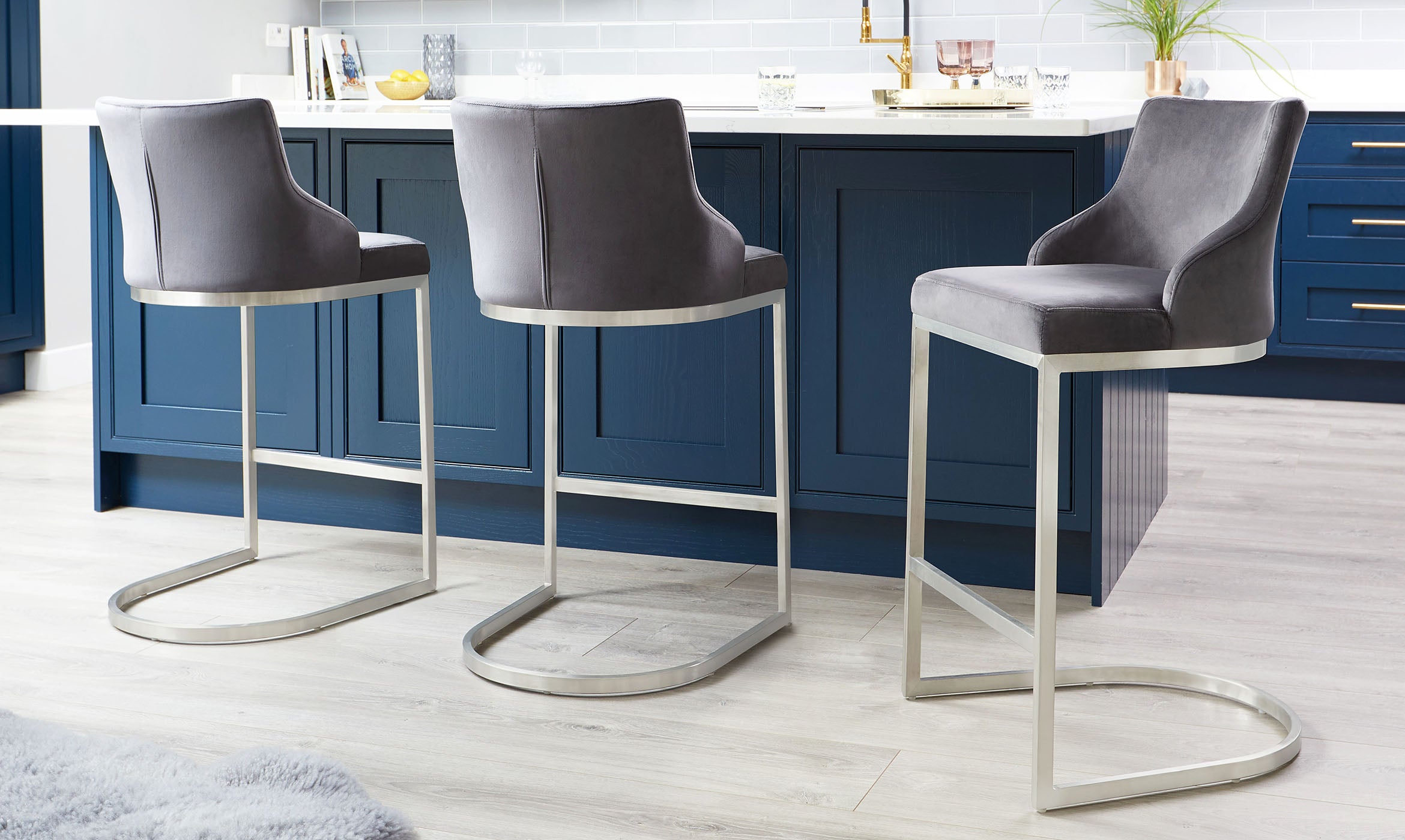 Form Dark Grey Velvet And Brushed Steel Bar Stool With Backrest (Sold in pairs)