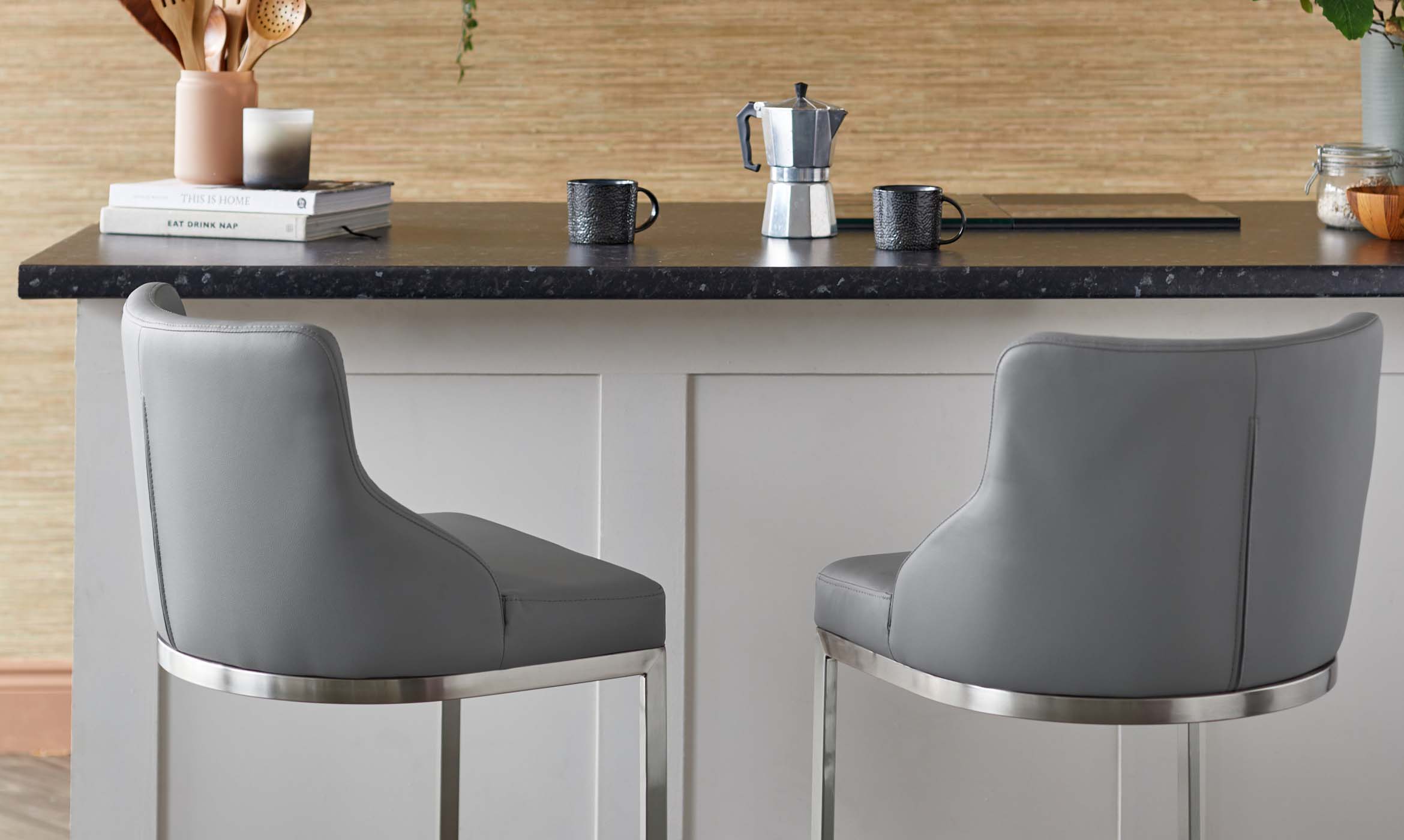 Form Grey Faux Leather Stainless Steel Bar Stool With Backrest (Sold in pairs)