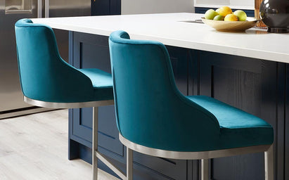 Form Dark Teal Velvet And Brushed Steel Bar Stool With Backrest (Sold in pairs)