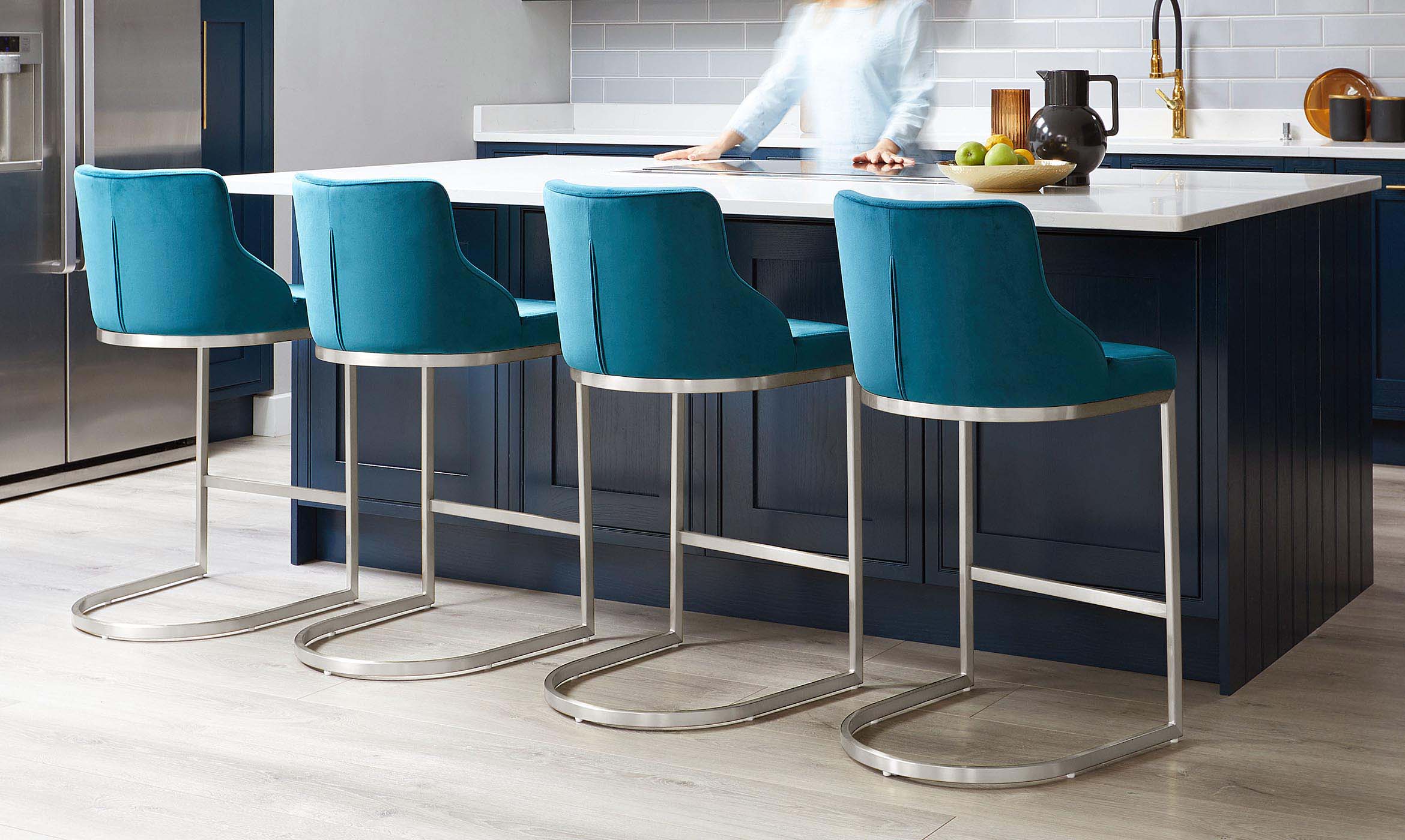 Form Dark Teal Velvet And Brushed Steel Bar Stool With Backrest (Sold in pairs)