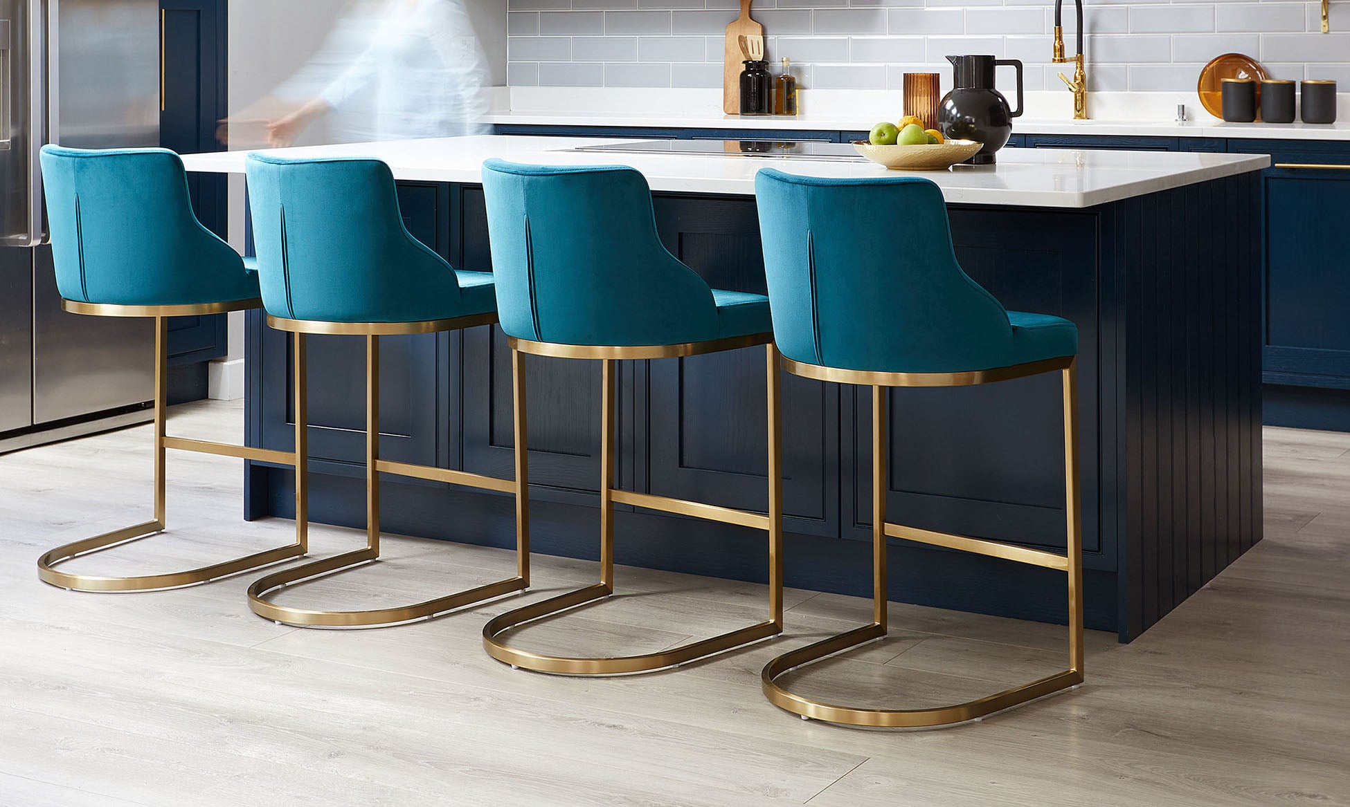 Form Dark Teal Velvet And Brass Bar Stool With Backrest (Sold in pairs)