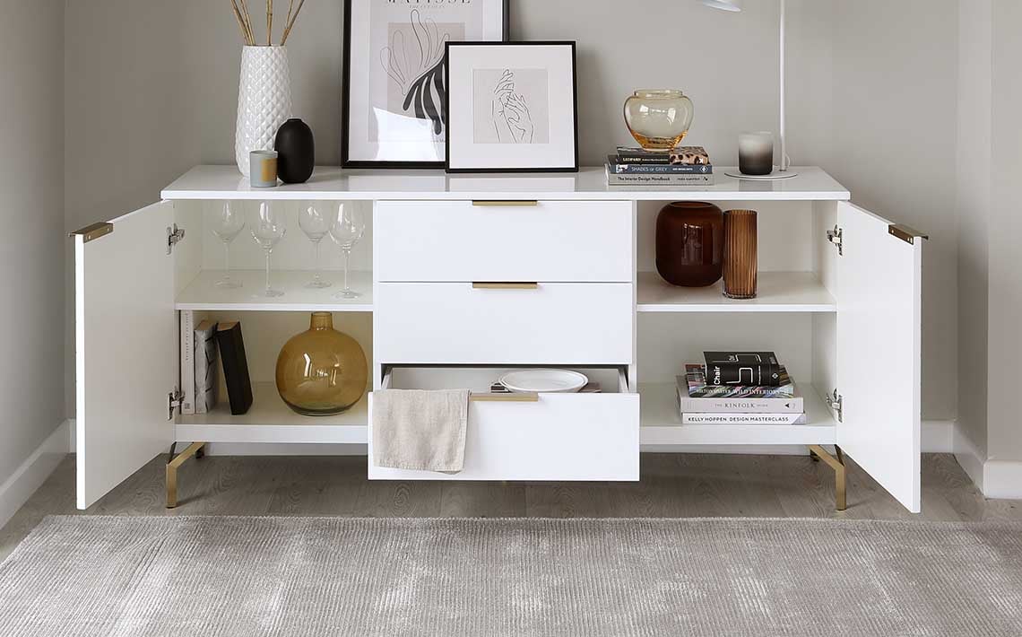 Geo Large Matt White and Brass Textured Sideboard