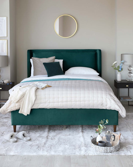 A plush green velvet bed with layered bedding, two stylish nightstands, framed art, and a round mirror, set on a light rug.