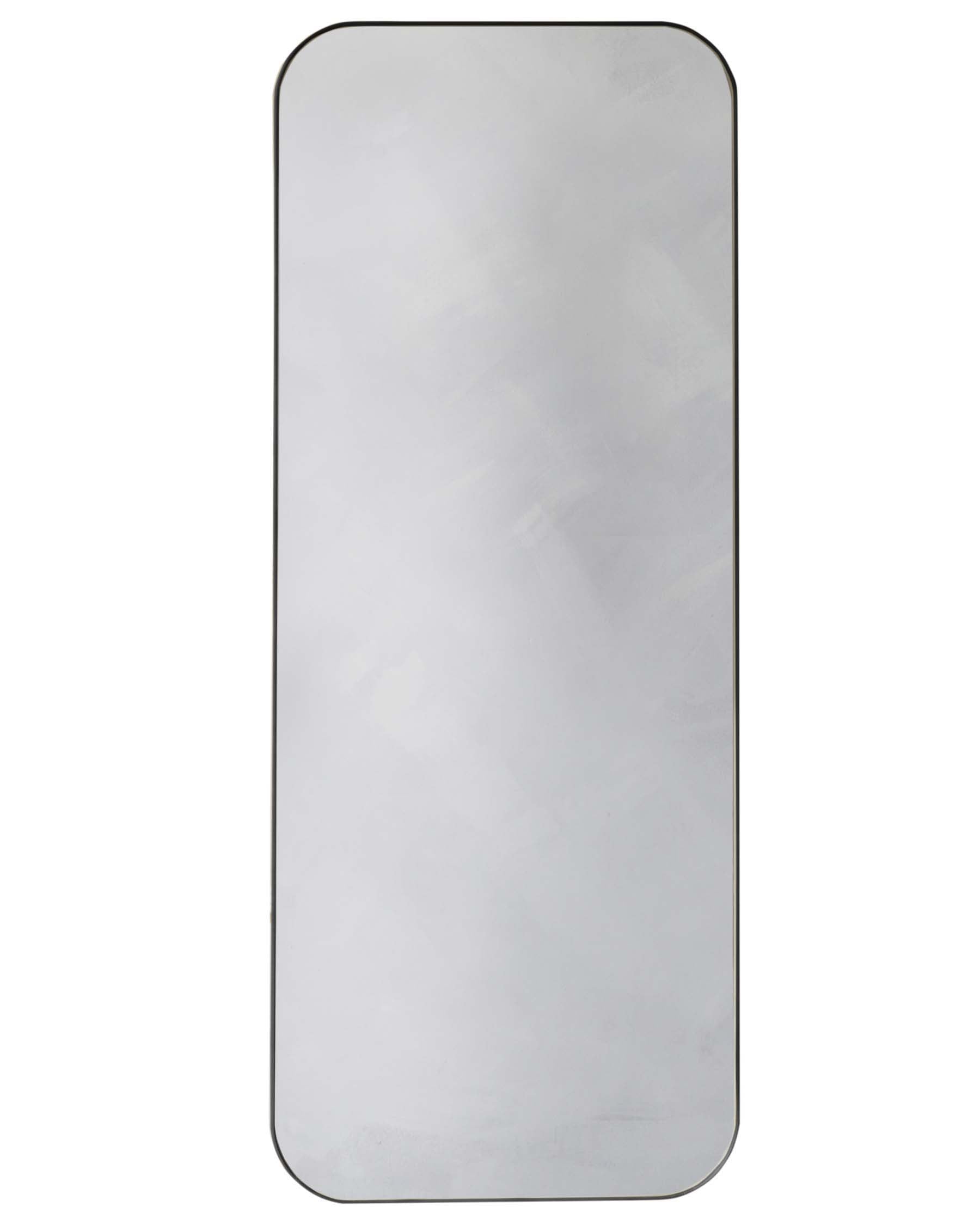 Minimalist rectangular mirror with rounded corners and a thin black frame.