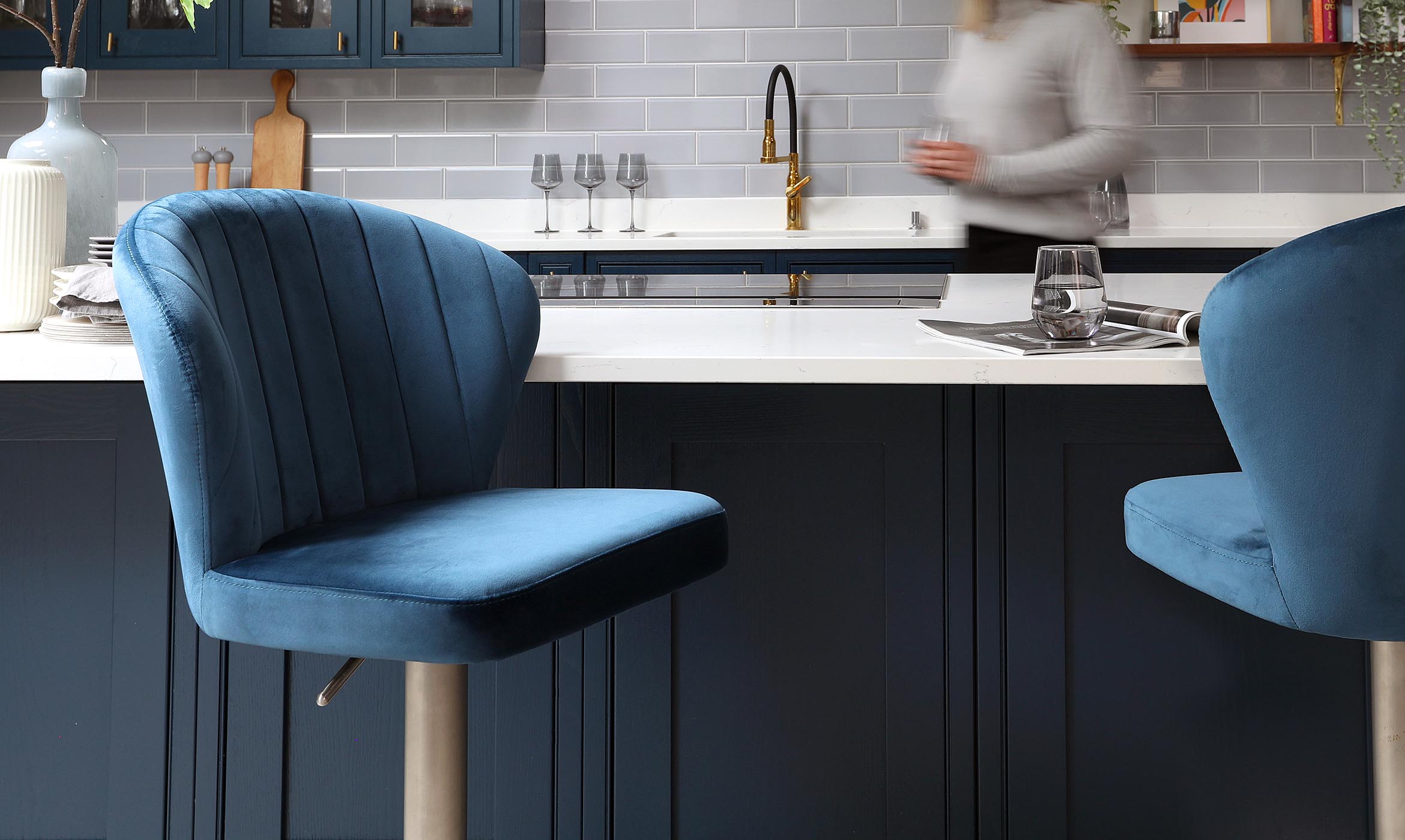 Harper Dark Blue Velvet Gas Lift Bar Stool