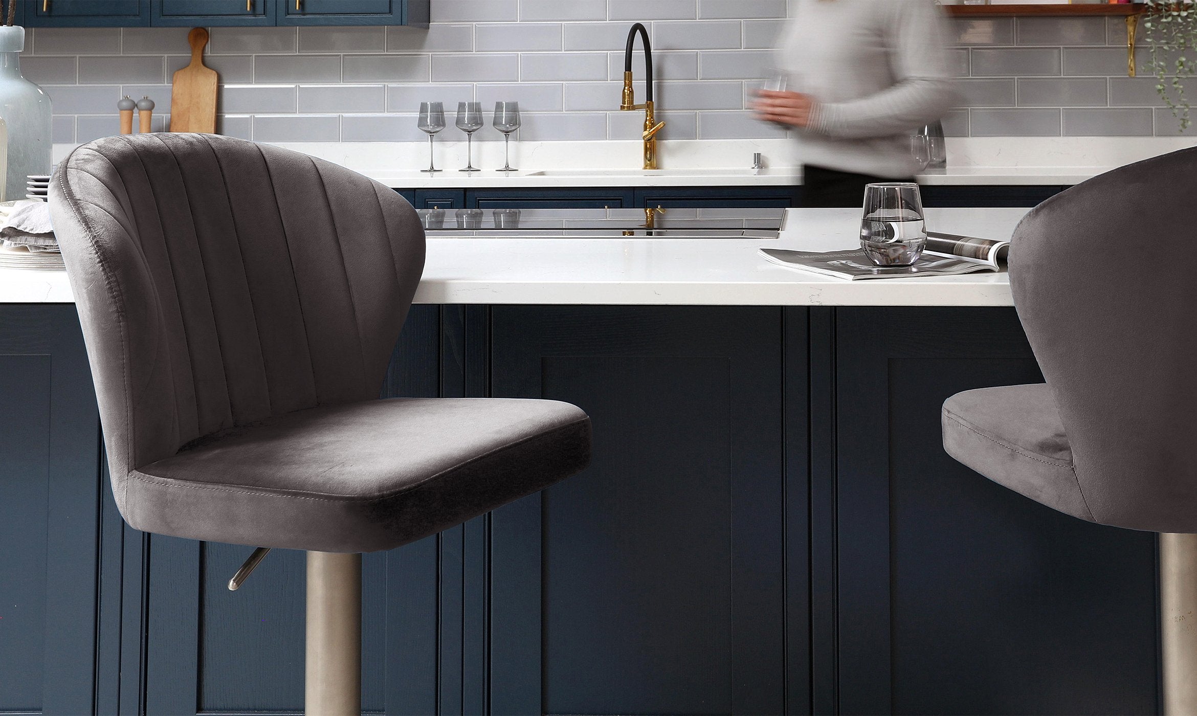 Harper Dark Grey Velvet Gas Lift Bar Stool