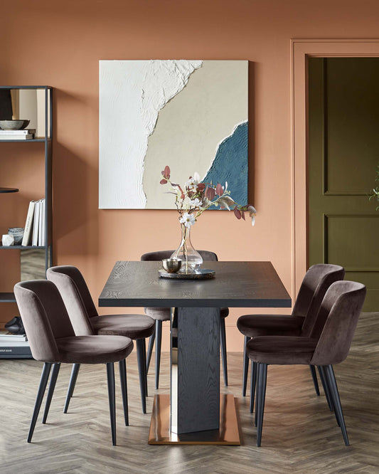 Stylish dining set featuring a dark wood table and four plush, curved chairs in a soft, muted brown color.