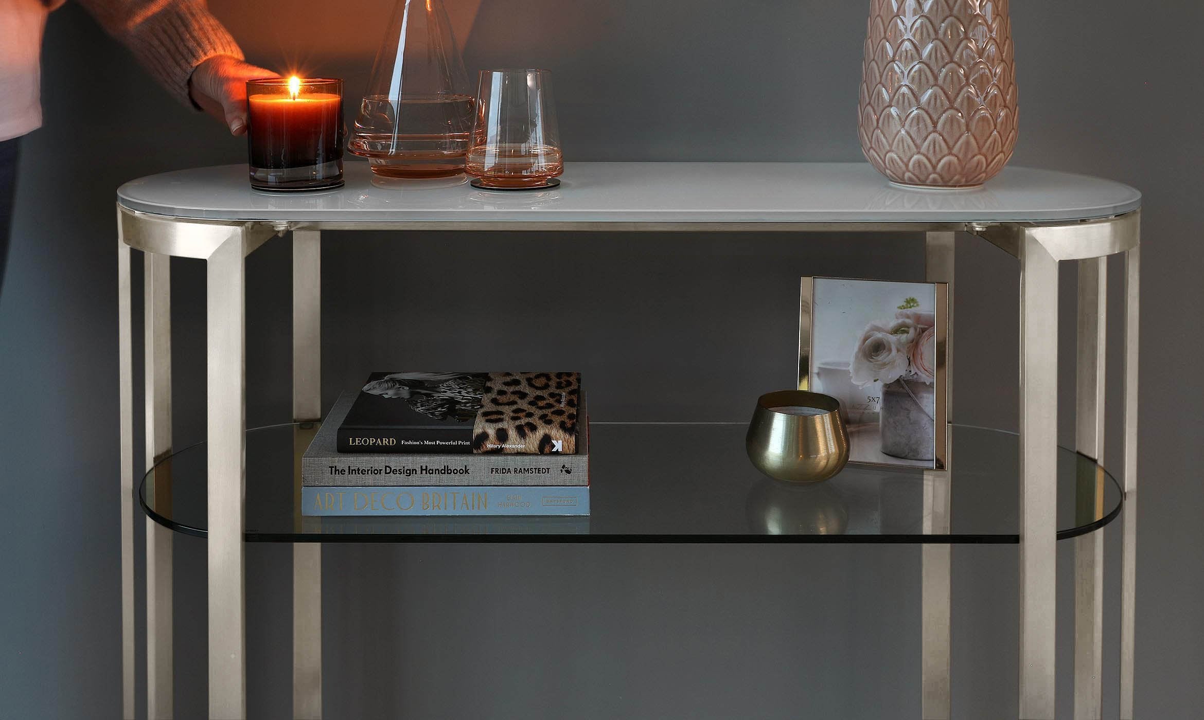 Isla White Glass and Stainless Steel Console Table