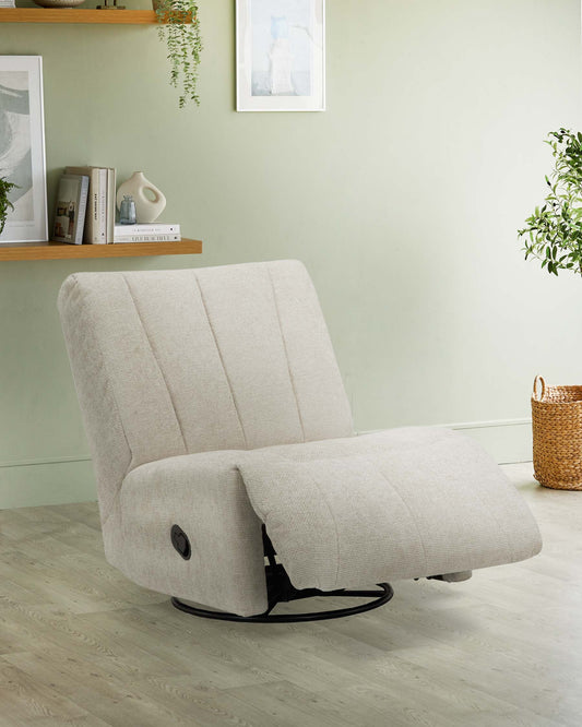 A modern, beige reclining chair with a sleek design, featuring a textured fabric and a swivel base.