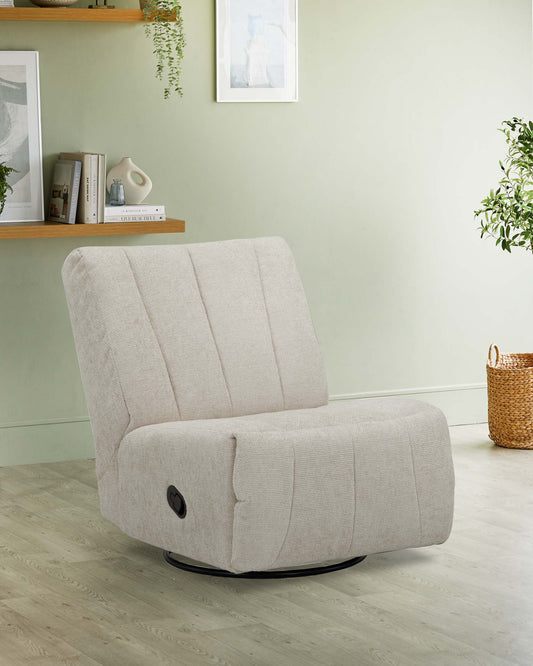 A modern, light beige swivel chair with a sleek design and plush fabric, complemented by a natural wood shelf and greenery.