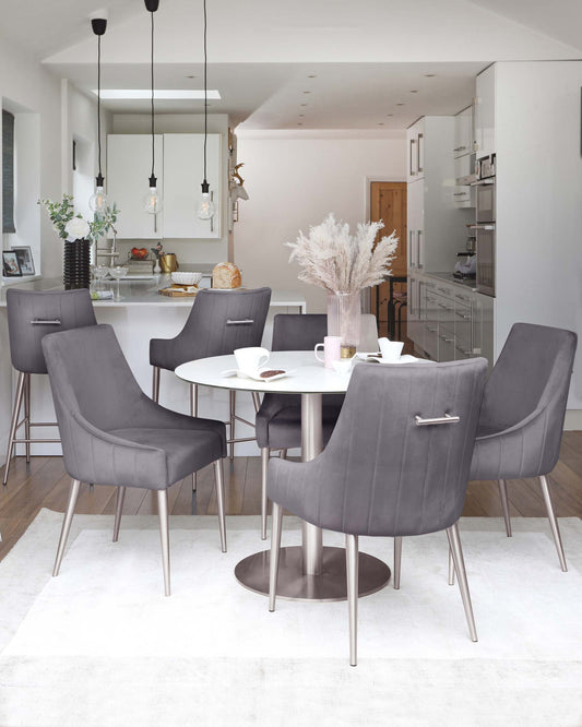 Modern dining set featuring a round white table and six sleek grey velvet chairs with metal legs, styled in a contemporary kitchen.