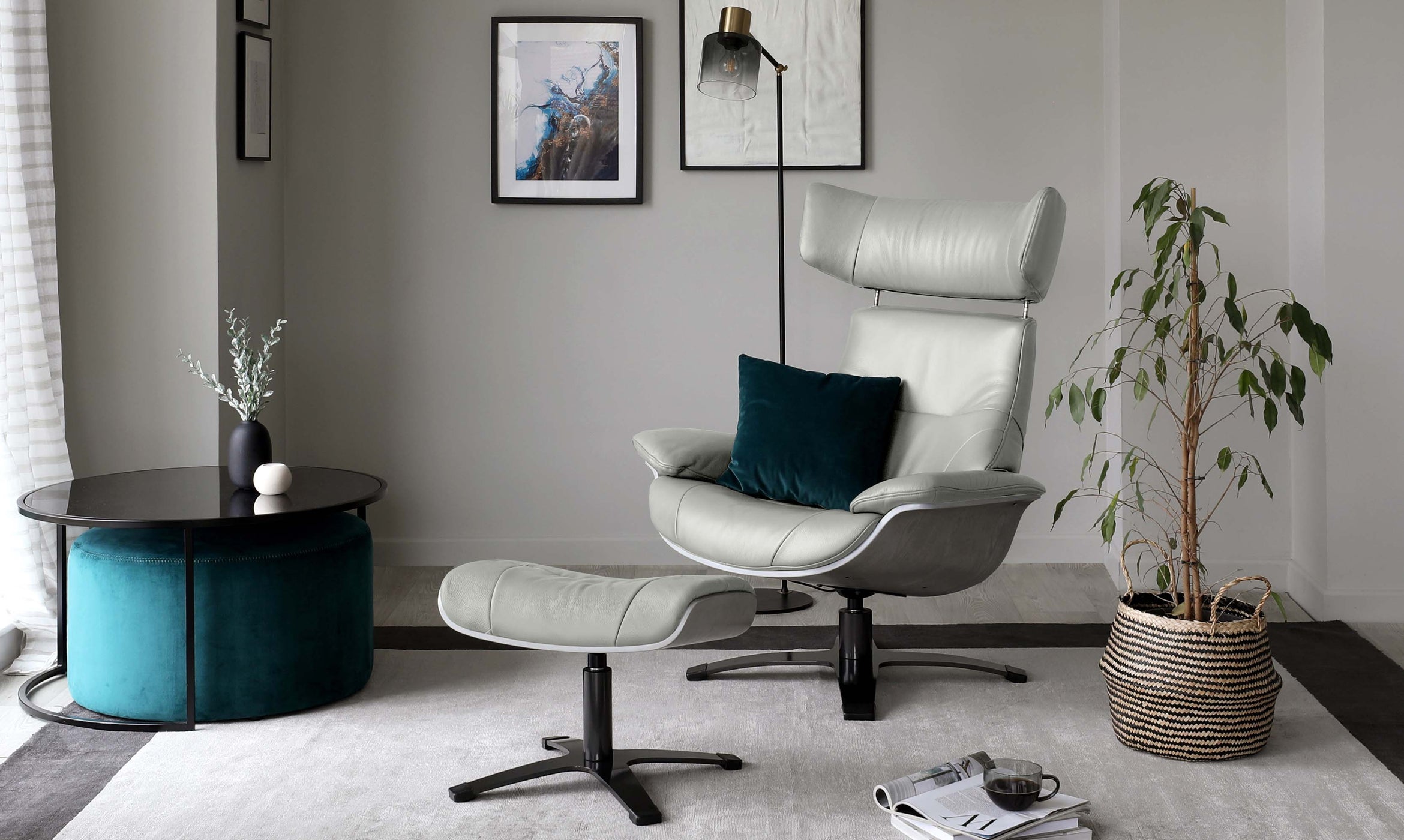 Karma Natural Grey Leather And Wood  Reclining Armchair And Footstool