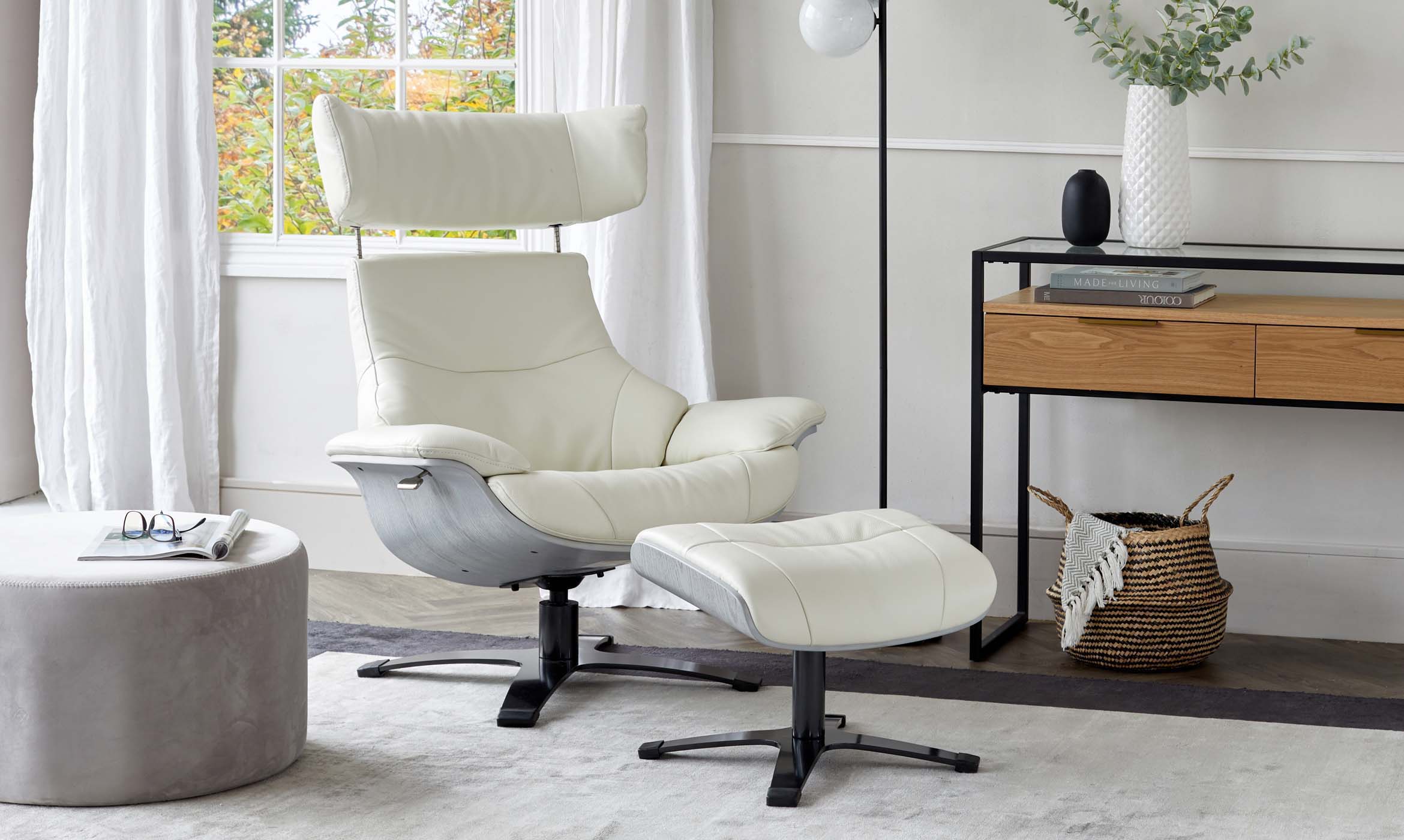 Karma White Leather And Wood Reclining Armchair And Footstool