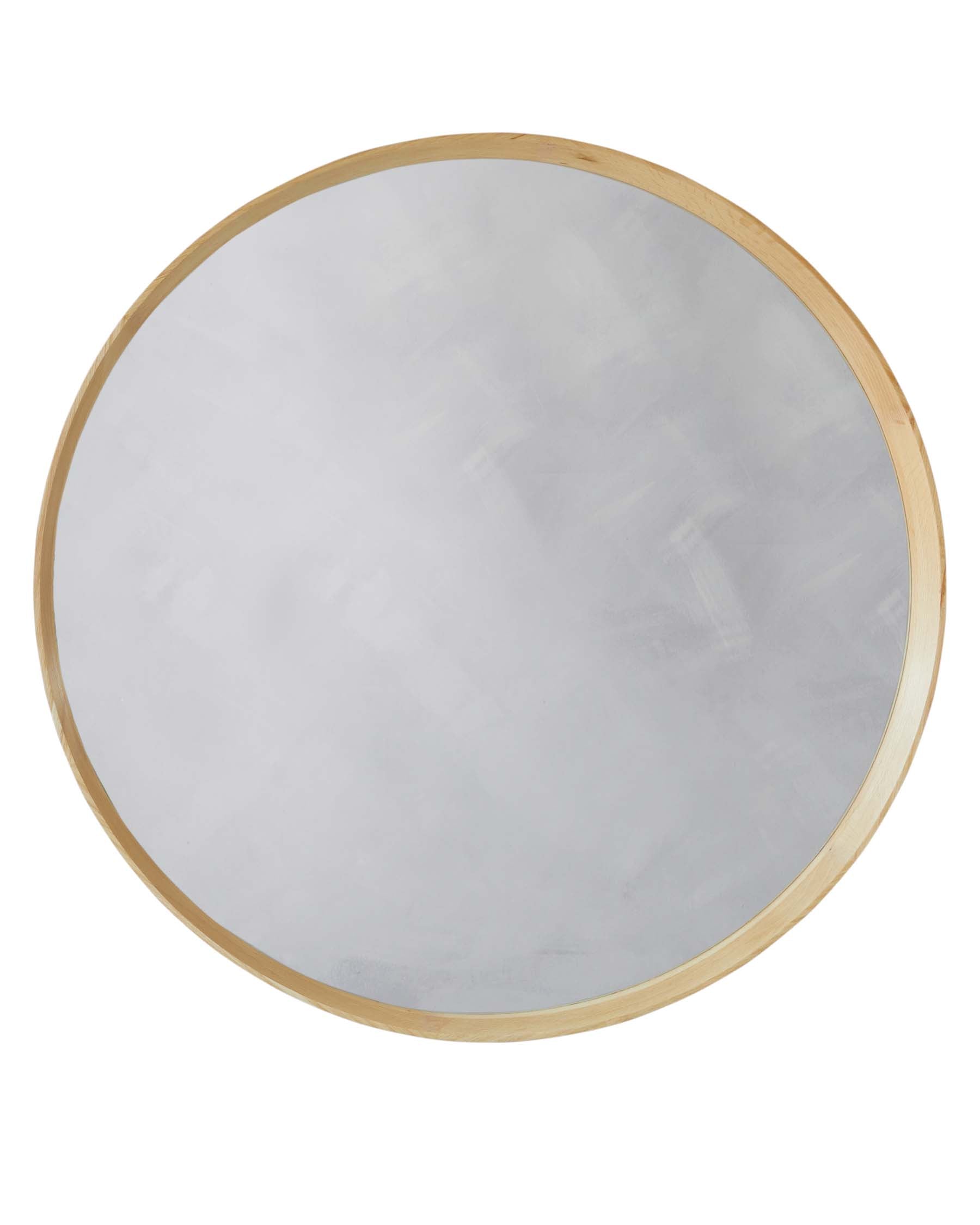 Round modern minimalist coffee table with a white marble top and light wooden frame.