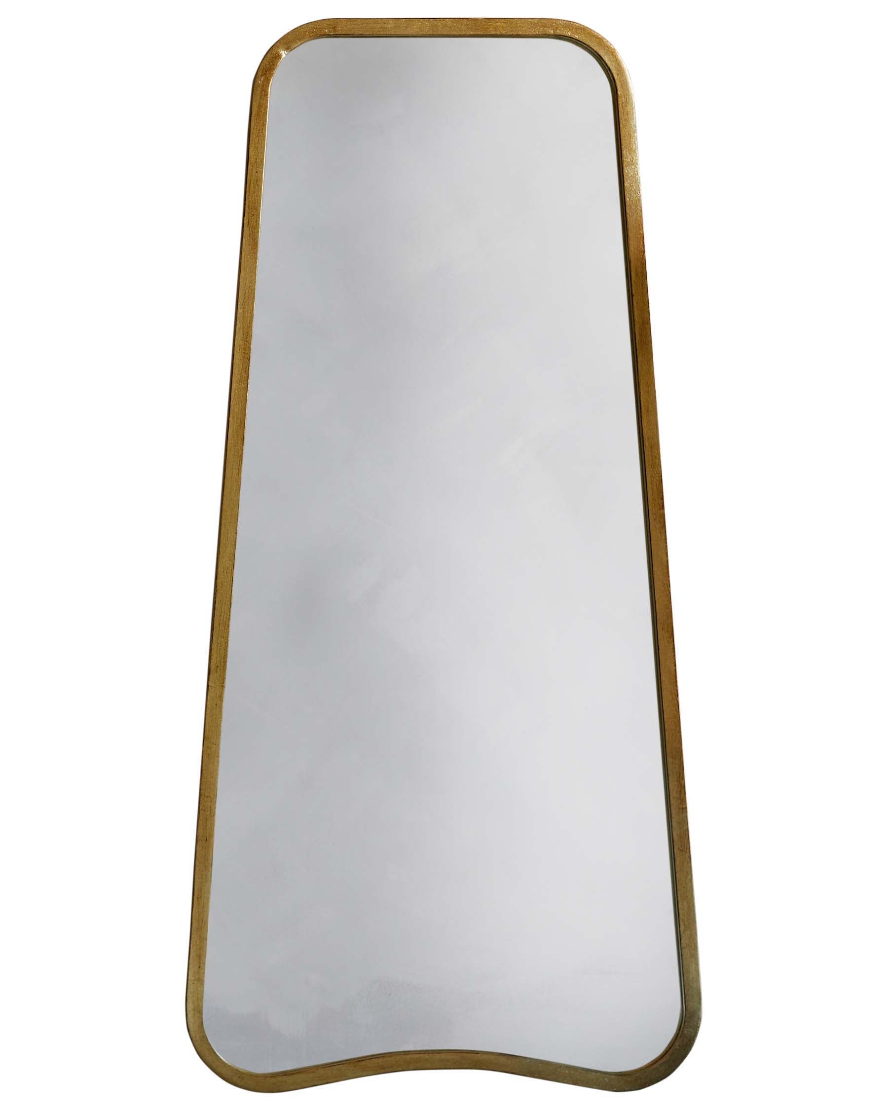 Contemporary full-length floor mirror with a minimalist design, featuring a gently curved top and rounded corners. The mirror has a slender, natural wood finish frame, offering a sleek and elegant look suitable for various interior styles.