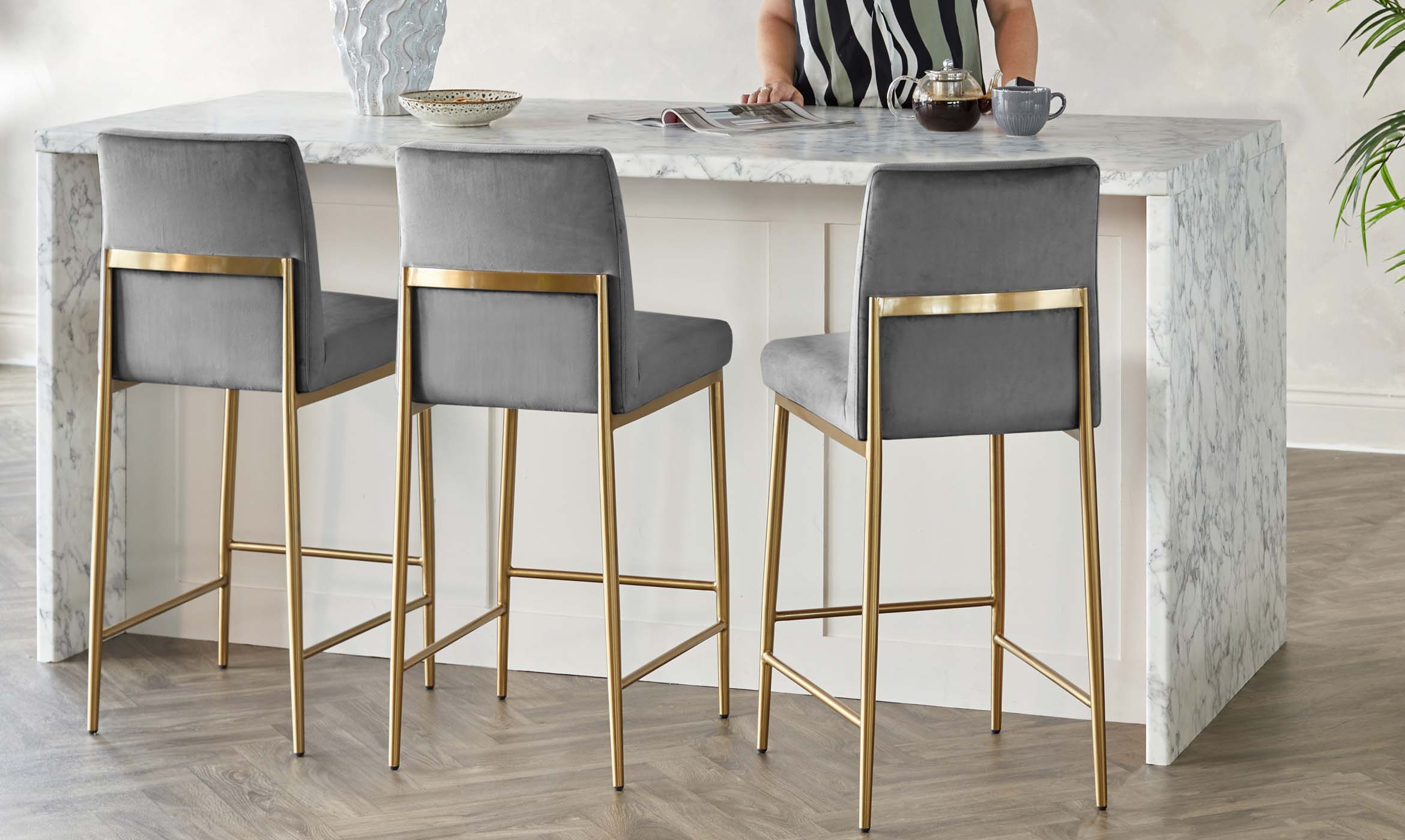 Keira Dark Grey Velvet And Brass Static Barstool