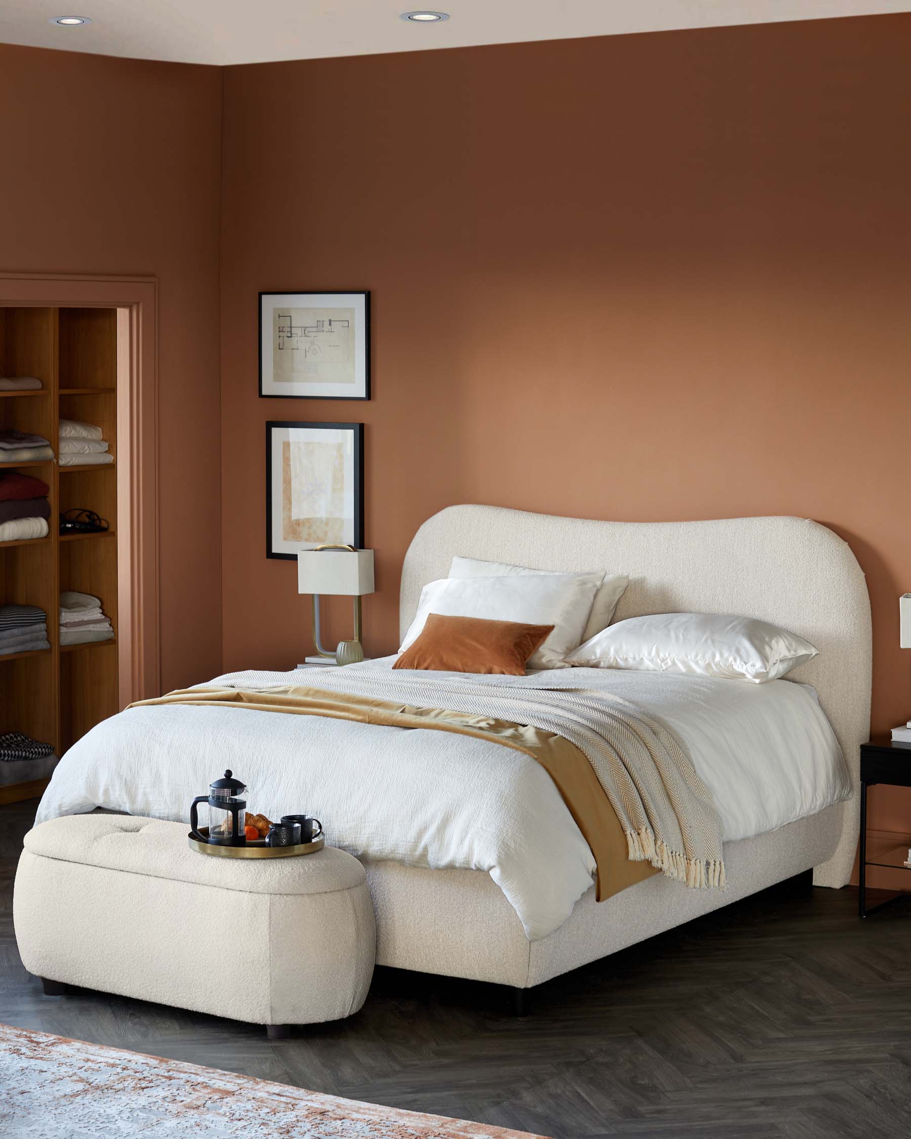 Cozy bedroom featuring a plush cream bed, matching ottoman, stylish lamps, and framed art on a warm-toned wall.