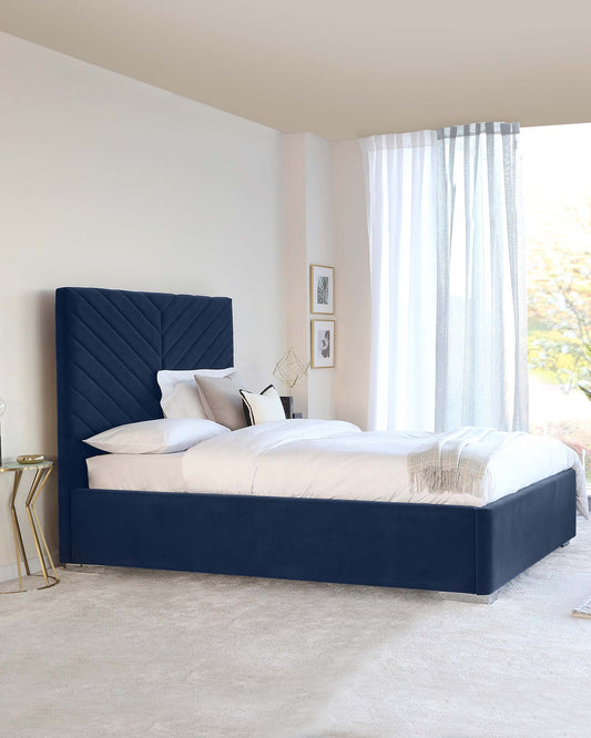 Leo Navy Blue Velvet King Size Bed With Storage