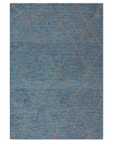 A contemporary area rug featuring a deep blue background with a textured pattern of intersecting diagonal tan lines creating an array of diamond shapes throughout the design.