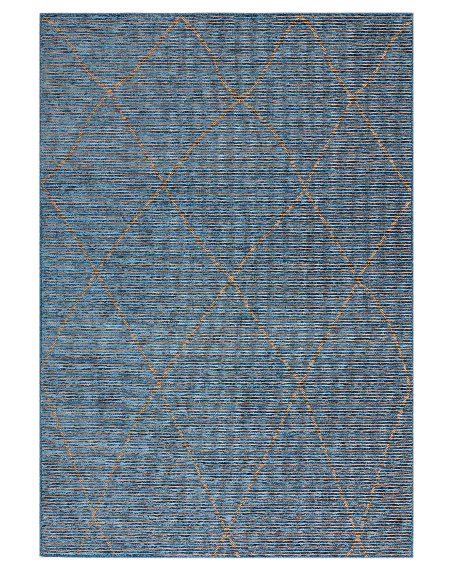 A contemporary area rug featuring a deep blue background with a textured pattern of intersecting diagonal tan lines creating an array of diamond shapes throughout the design.