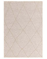 Beige area rug with a simple diamond trellis pattern.