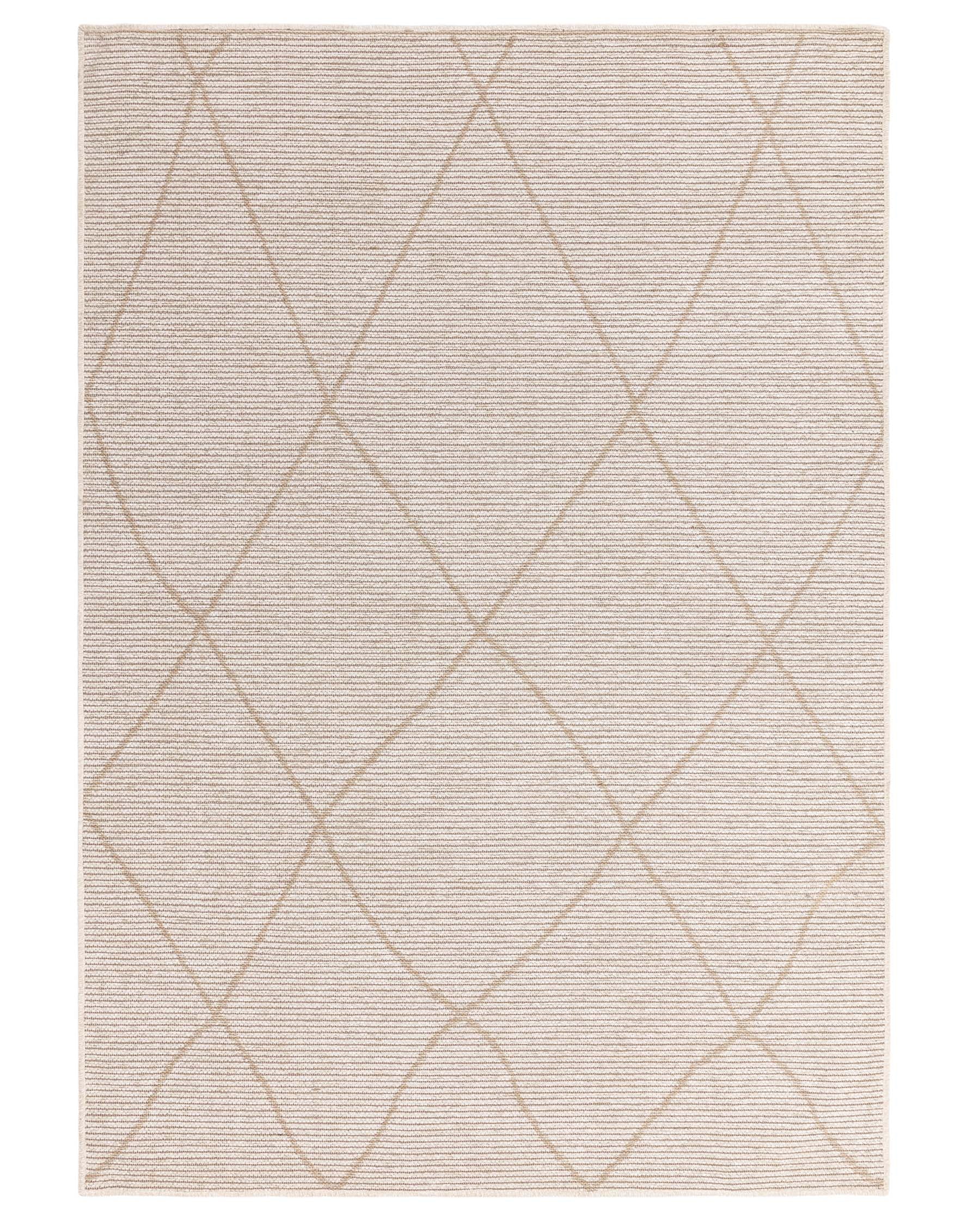 Beige area rug with a simple diamond trellis pattern.