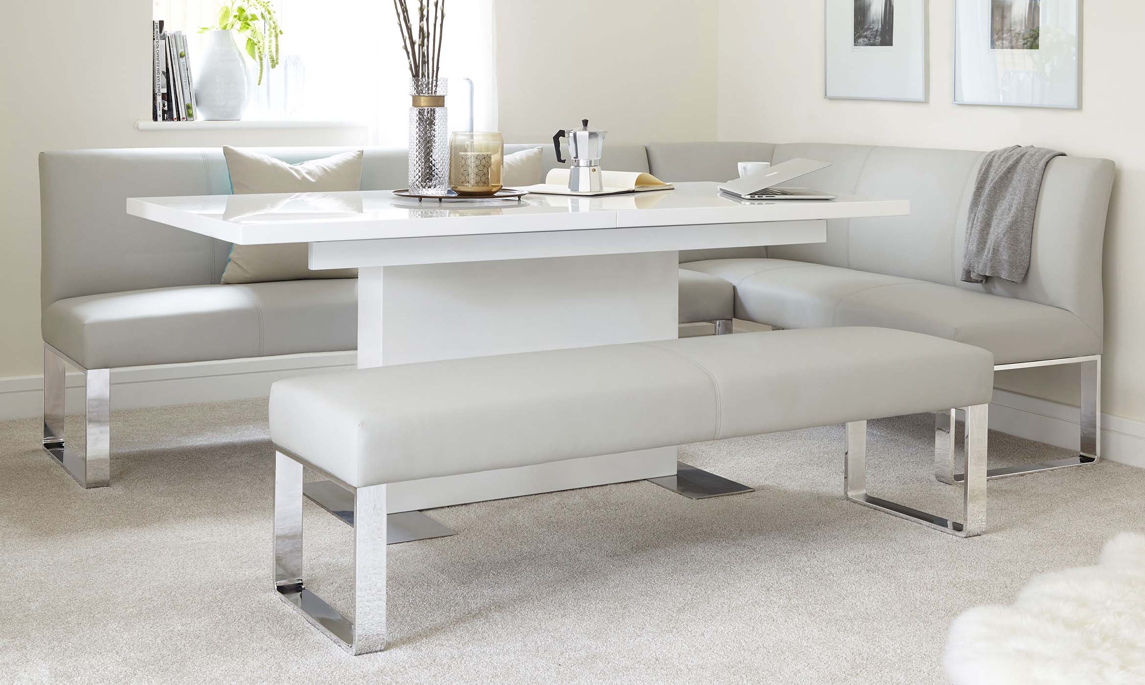 Loop 7 Seater Light Grey Faux Leather & Stainless Steel Left Hand Corner Bench