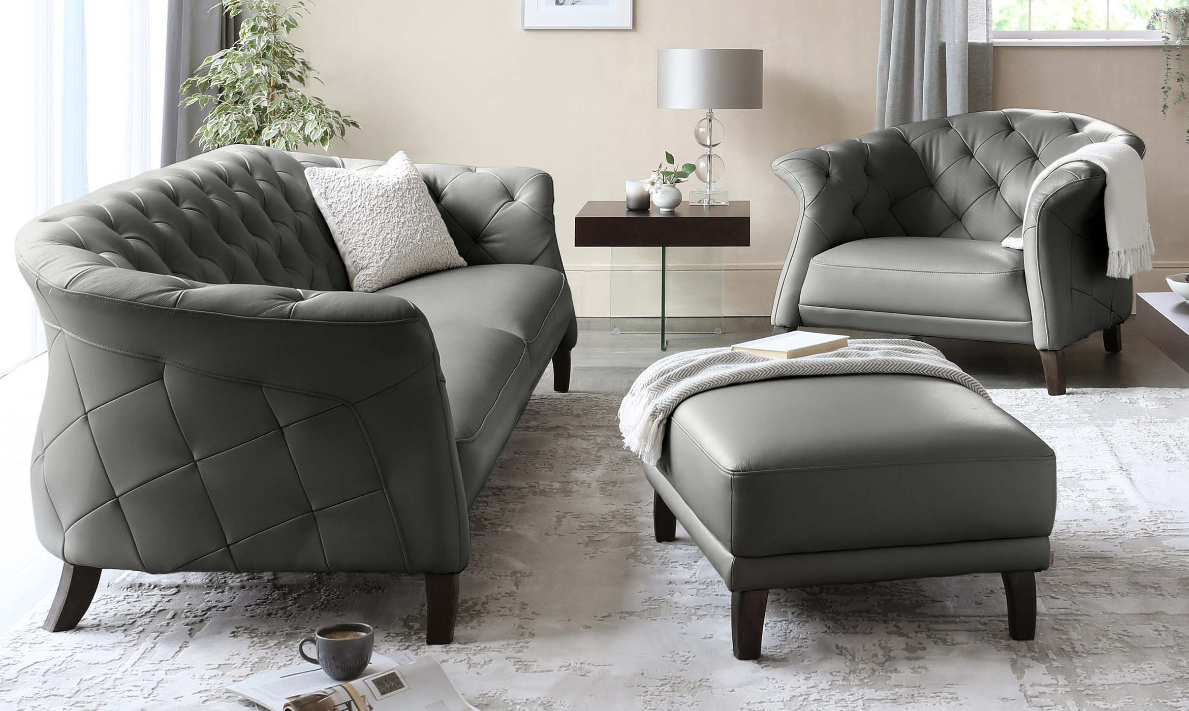 Luxe Modern Dark Grey Leather With Dark Wood Leg Footstool