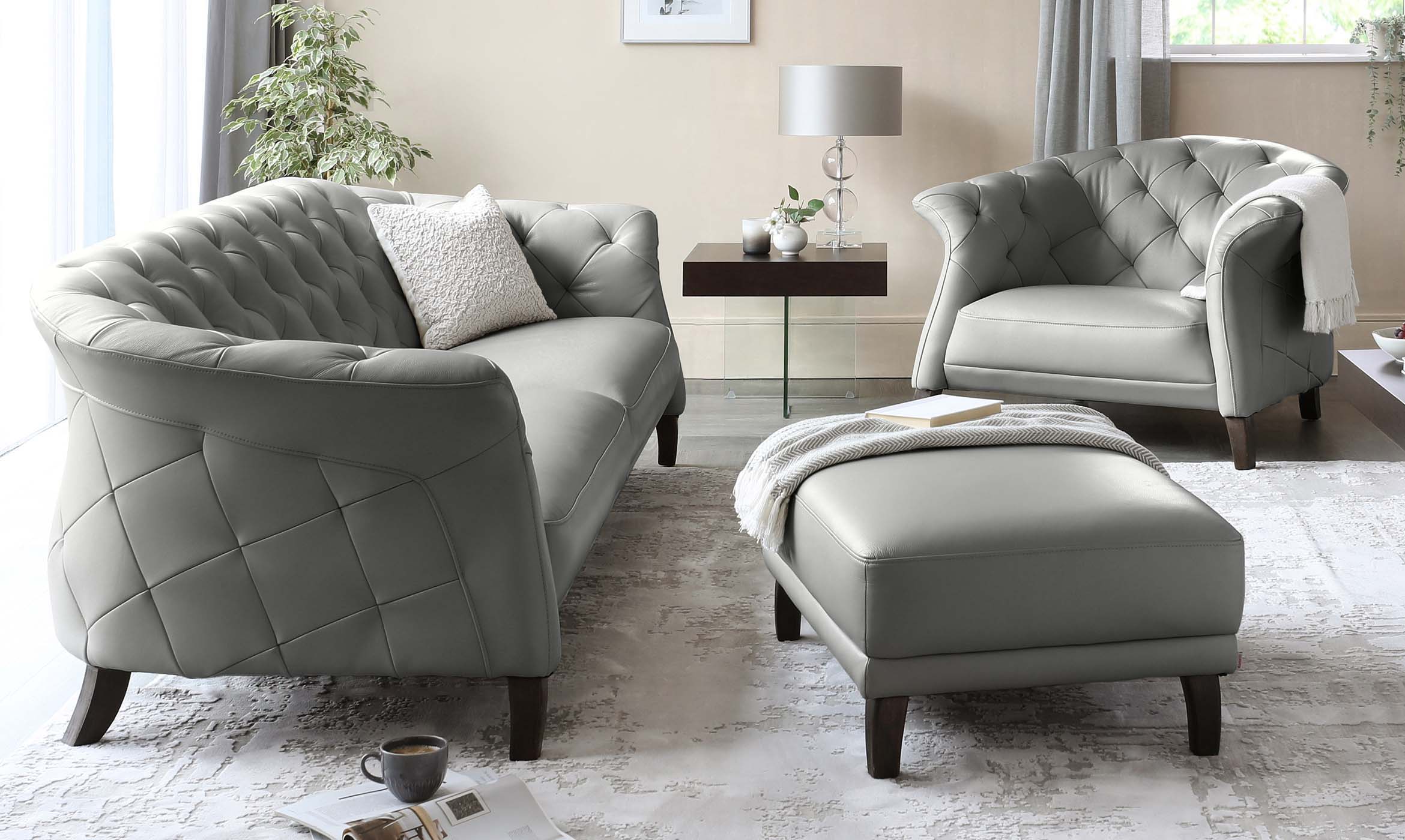 Luxe Light Grey Leather Large Sofa and Armchair