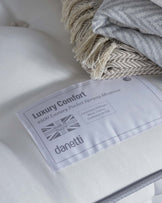 Luxury pocket sprung mattress with a tag detailing luxurious fillings, accompanied by soft layered blankets.