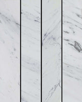 Three vertical panels of white marble with subtle gray veining, framed with sleek black edges for a modern look.