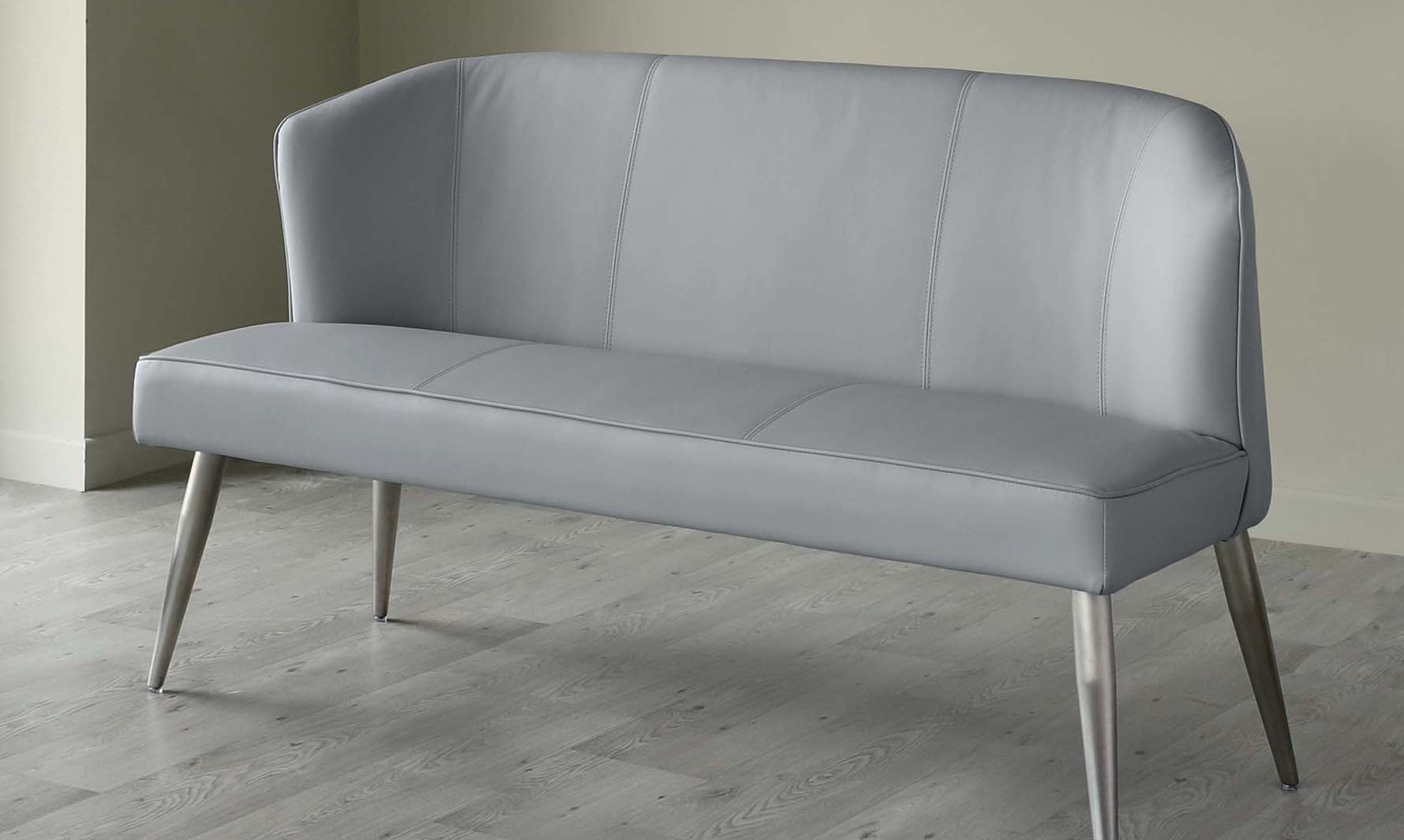 Mellow 3 Seater Stainless Steel Dining Bench with Backrest : Mid Grey Faux Leather