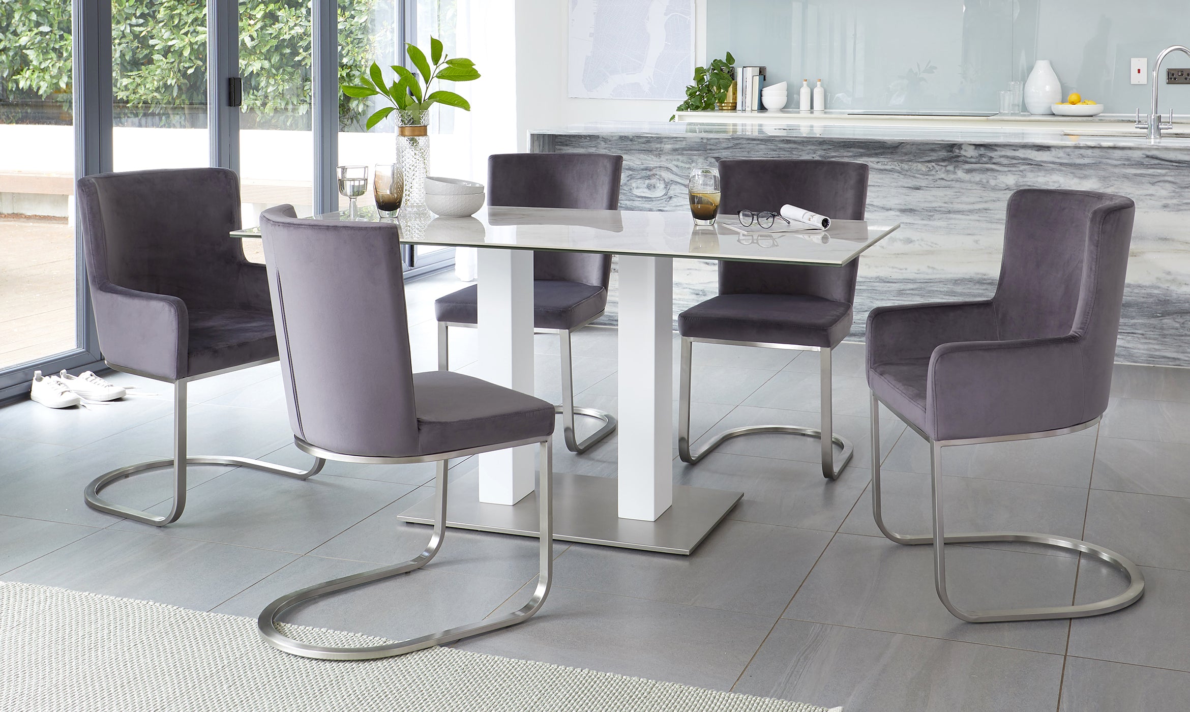 Form Dark Grey Velvet And Brushed Steel Cantilever Dining Armchair (Sold in pairs)