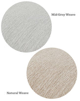 Two circular fabric samples displaying different weave textures and colours for furniture upholstery. The top sample is labelled "Mid Grey Weave" and shows a light grey textured fabric. The bottom sample is labelled "Natural Weave" and presents a beige textured fabric. Both samples represent potential material options for customizing furniture pieces.