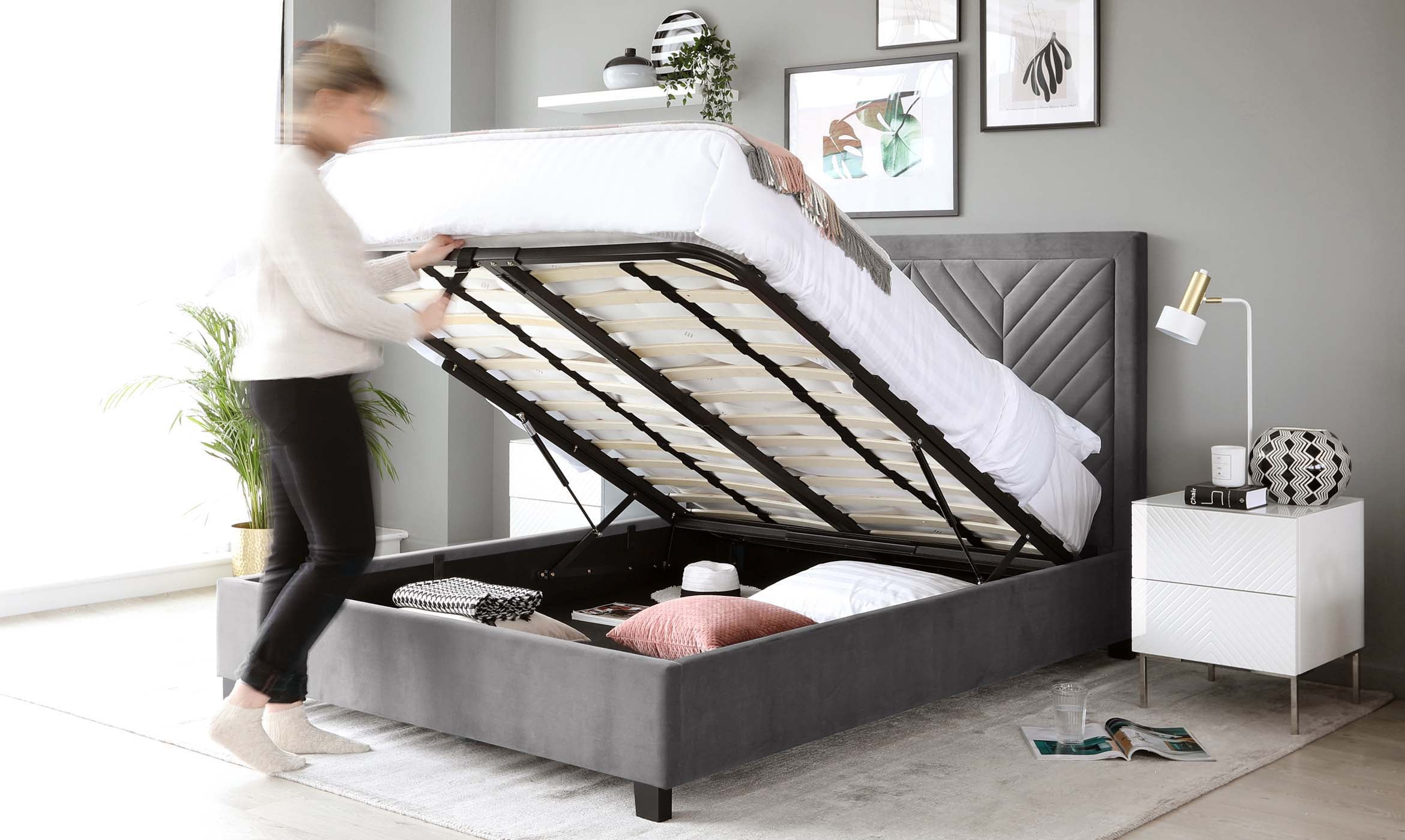 Octavia Grey Velvet Super King Size Ottoman Storage Bed