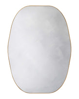 Elegant modern mirror with a minimalist aesthetic, featuring a curved rectangular shape and a slim gold trim.