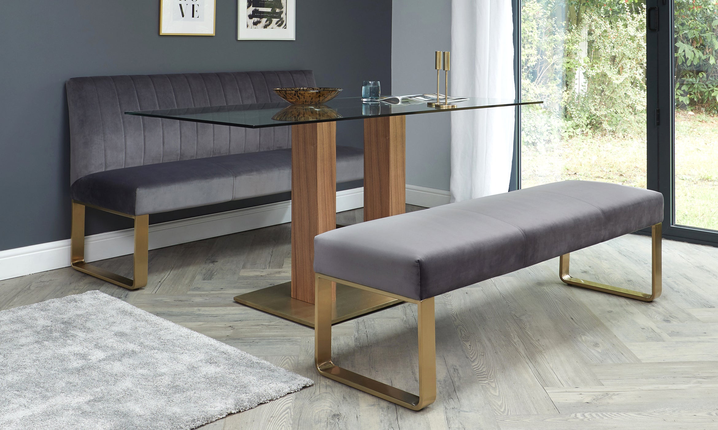 Ophelia Dark Grey Velvet And Stainless Steel 5 Seater Left Hand Corner Bench