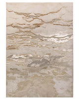 Luxurious abstract-patterned area rug in shades of cream, beige, and taupe, featuring a plush texture and a wave-like design that adds a touch of elegance and contemporary style to any room.