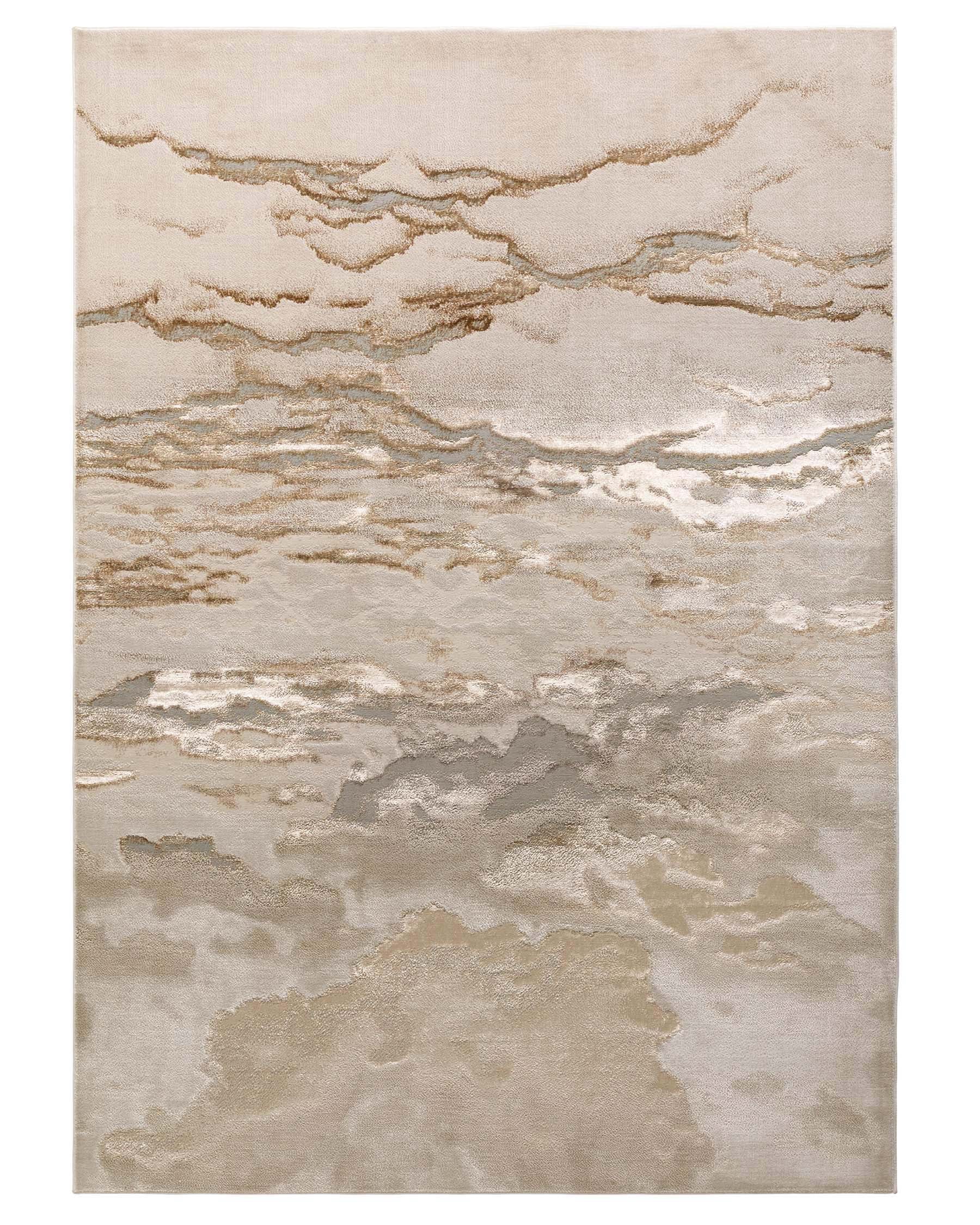 Luxurious abstract-patterned area rug with a gradient of neutral tones ranging from creamy beige to various shades of grey, creating a marble-like texture ideal for modern interiors.