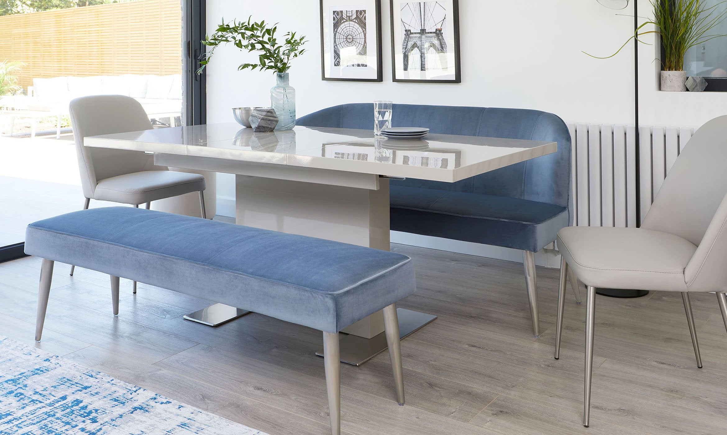 Mellow Blue Grey Velvet 3 Seater Bench Without Backrest