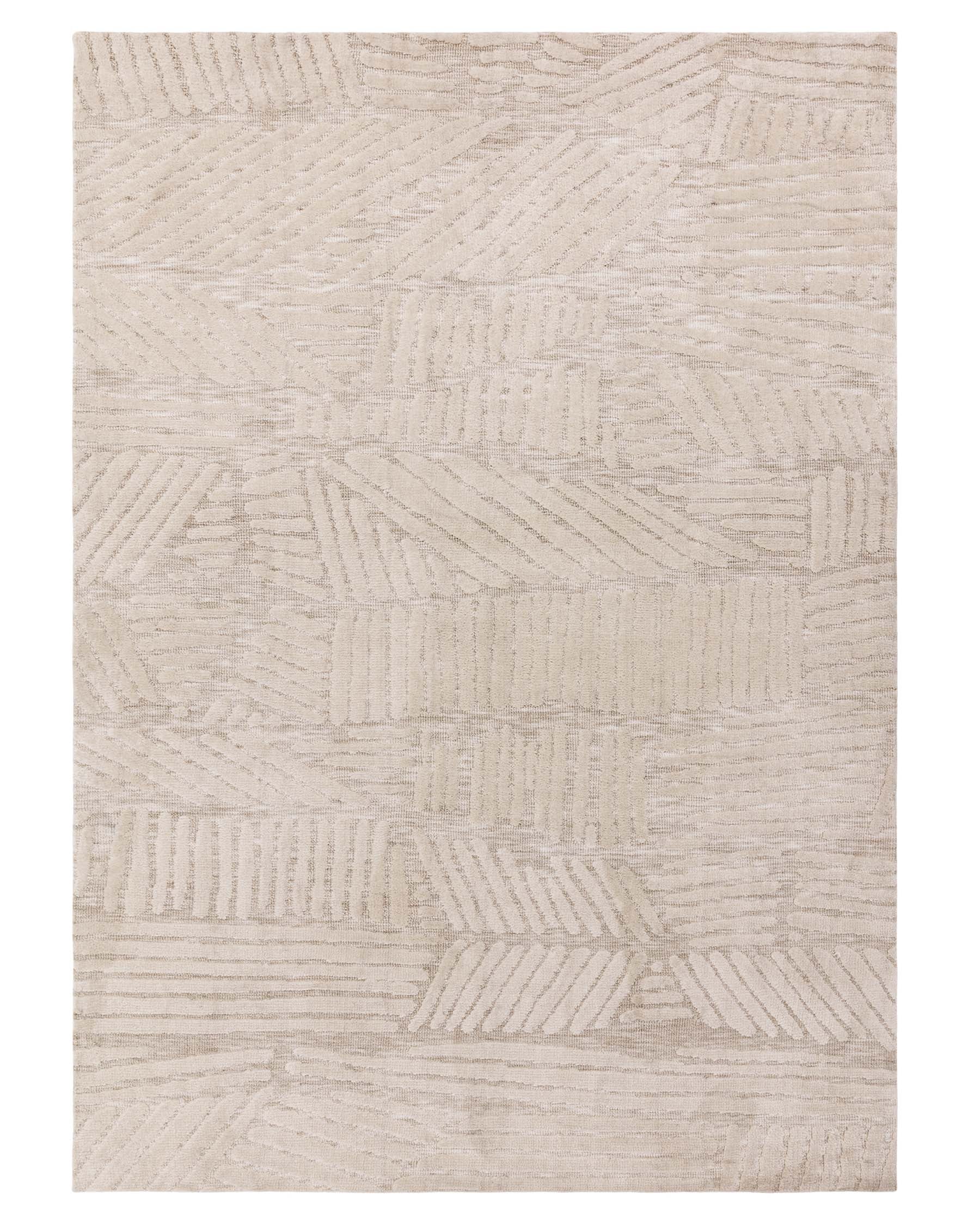 Contemporary beige area rug with a textured leaf pattern design.