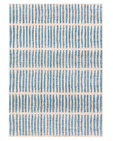 Contemporary area rug featuring a pattern of irregular vertical blue stripes on an off-white background, giving it a casual yet sophisticated appearance suitable for a variety of interior decor styles.