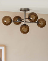 Riley Satin Nickel Semi Flush Pendant Light with Mocha Glass Bauble