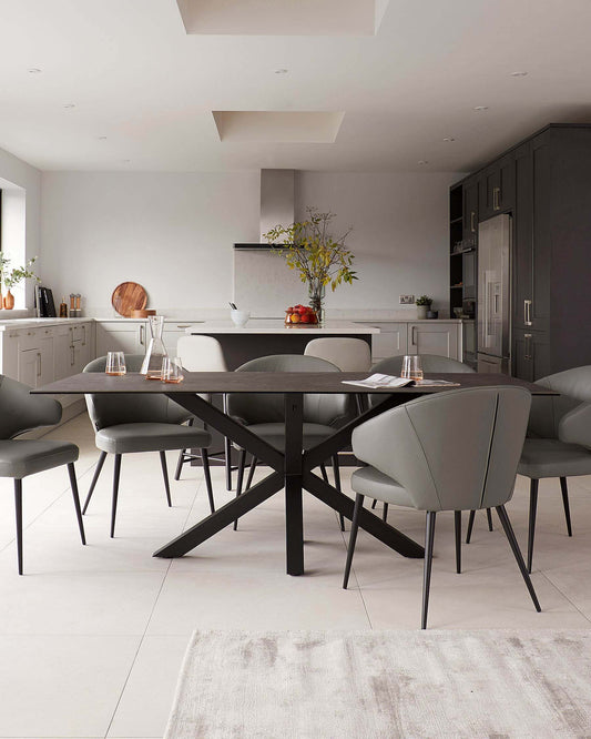 Modern dining set featuring a dark wooden table with an X-base and soft, green upholstered chairs, creating a stylish, inviting space.